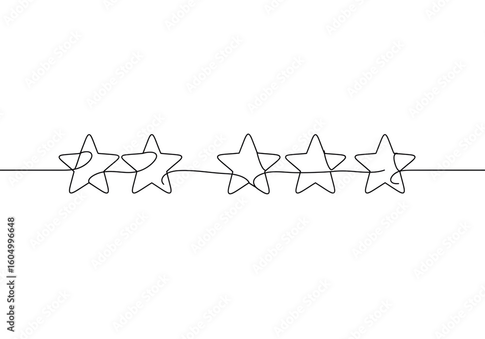 Poster five stars in a row drawn with a single continuous line on a plain white background art