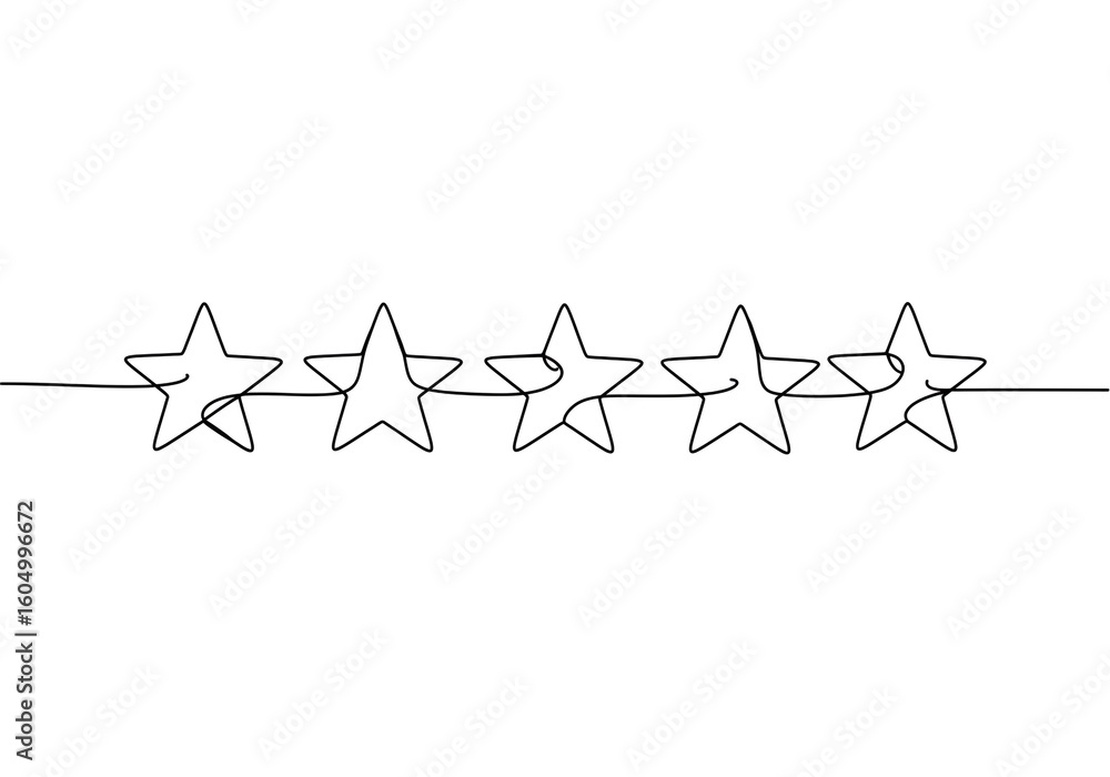 Poster five stars in a row drawn with a single continuous line on a white background art