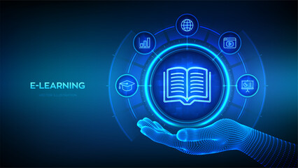 Fototapeta premium E-learning. Innovative online education and internet technology concept. E-learning icon in wireframe hand. Webinar, teaching, online training courses. Skill development. Vector illustration.
