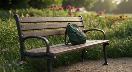 Green backpack resting on wooden bench in sunny park setting - Concept of Back to school  