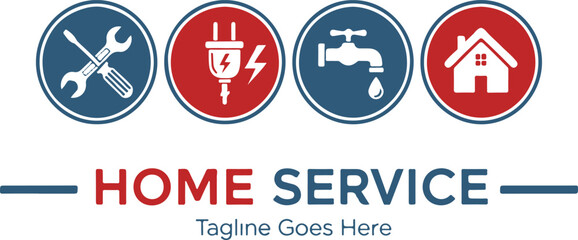 Home service logo vector graphic with tools, electricity, plumbing and house