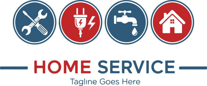Home service logo vector graphic with tools, electricity, plumbing and house