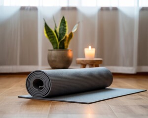 Serene yoga and wellness space featuring rolled yoga mat snake plant candle on wooden floor