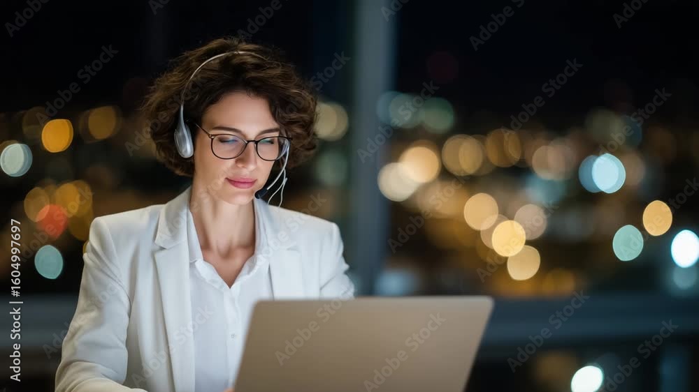 Poster efficient indian support agent multitasks with a laptop and headset in a professional, softly lit of