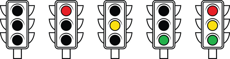 Traffic light signal icon set. Traffic control light signal with red, yellow and green color icon isolated on transparent background. Symbol of road traffic or driving rules. Vector illustration.