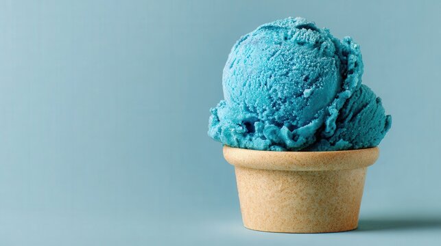 Blue ice cream in a paper cup, showcasing a close-up view of creamy gelato against a clean white background, perfect for summer desserts and refreshing treats.