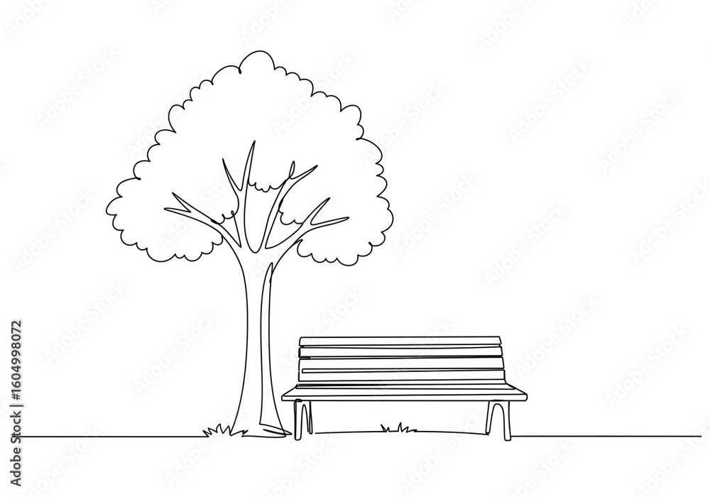 Poster a simple line drawing of a tree with a bench underneath it on a white background