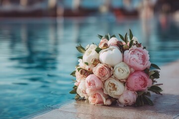 Bouquet of vibrant roses and peonies rests by a shimmering swimming pool, capturing the essence of a romantic summer wedding.