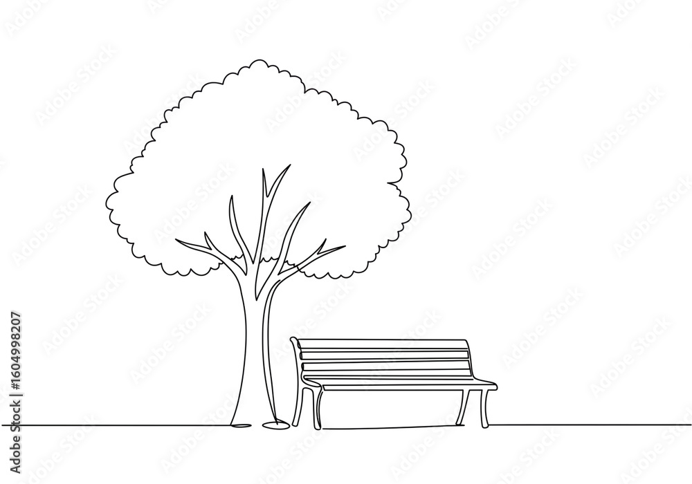 Aufkleber single continuous line drawing of a park bench under a tree in a minimalist style art