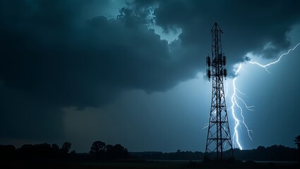 Tower with lightning in the night