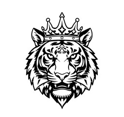 Obraz premium Royal Tiger Head: A fierce monochrome illustration depicts a tiger's head crowned with a regal crown, showcasing intense detail and powerful presence.