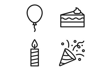 Party icons: balloon, cake, candle, confetti in minimalist design