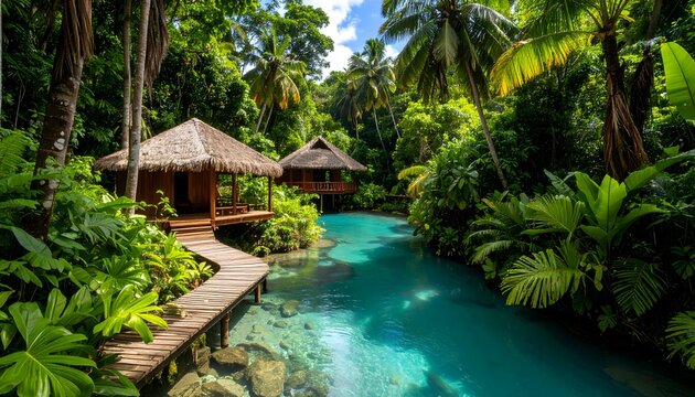 Idyllic tropical resort on azure river - Powered by Adobe