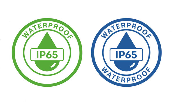 Waterproof IP65 rating logo in green and blue on white background