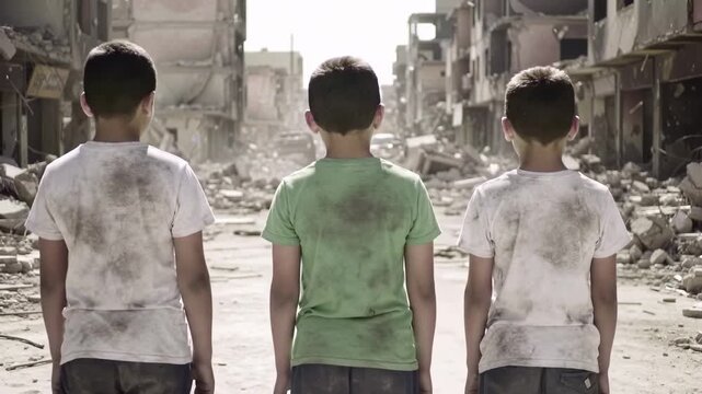 Children walking in a destroyed city