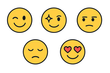 Fototapeta premium Set of five expressive yellow emoji faces with various emotions