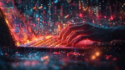 Digital cityscape, person typing on laptop