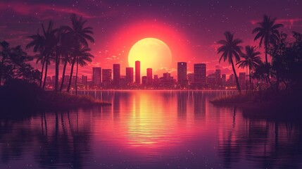 Tropical city at sunset
