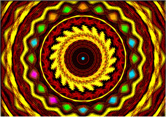 A vibrant circular pattern radiates outward with alternating layers of intricate designs and vivid colors, including yellow, red, green, blue, and purple. 