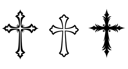 Three decorative crosses in black and white for design elements and patterns