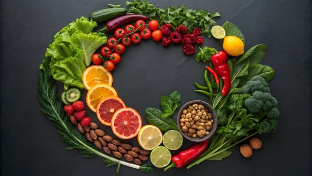 Circular Garden of Health Vibrant Fruits, Vegetables, and Legumes Arranged in a Wholesome Wreath, Nutritional Harmony An Overhead View of Diverse Produce and Superfoods Forming a Perfect Circle