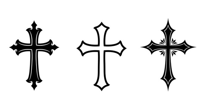 Three gothic cross designs in black and white on a white background