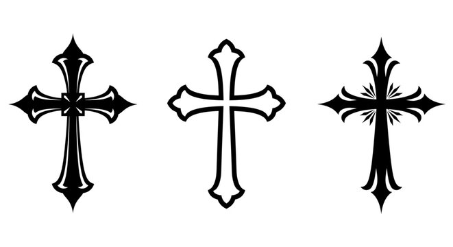 Ornate Cross Design with Decorative Elements on White Background Black and White