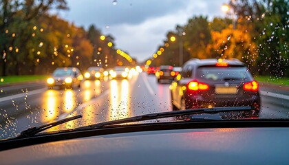 A car is driving down a wet road with other cars in the background. The windshield wipers are on, indicating that it is raining