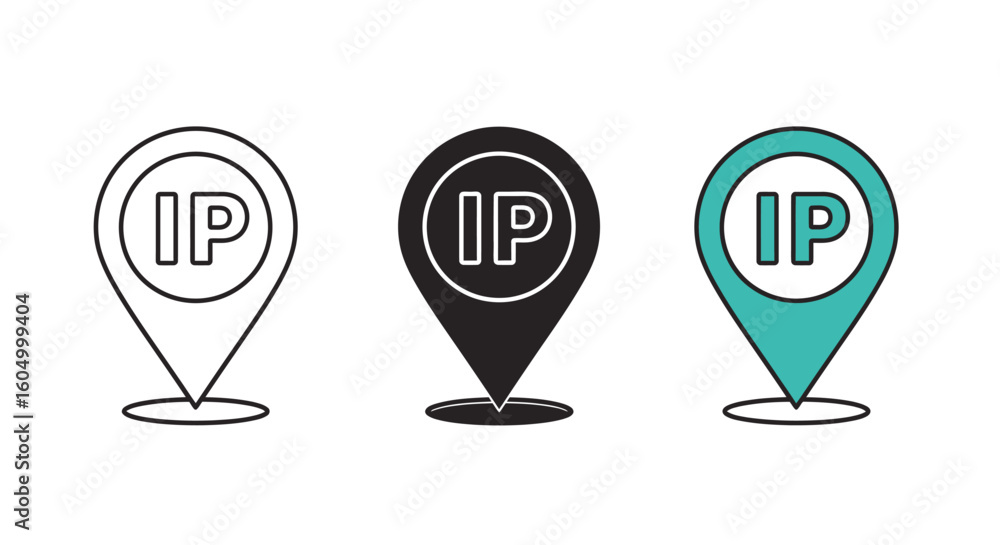 Poster ip address location pin icons representing internet protocol geolocation technology