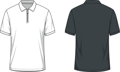 Technical fashion flat sketch of a men's classic short-sleeve polo shirt featuring a modern zipper placket and ribbed collar, showing front and back views for apparel design. © Masum Creatives