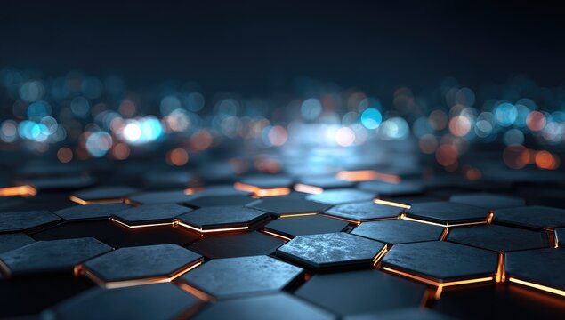 Hexagonal tech surface with glowing lights - Powered by Adobe