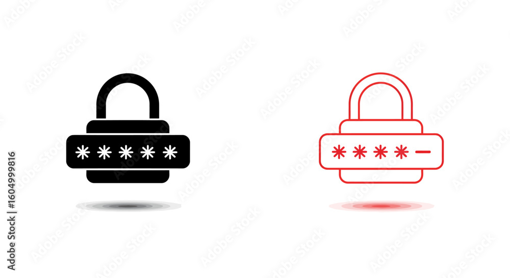 Poster black and red open padlock icons with asterisks on a white background