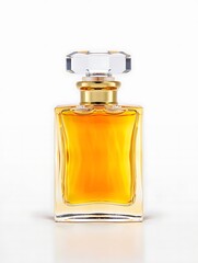 Elegant glass perfume bottle with golden accents and clear faceted stopper liquid amber