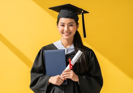 Radiant Asian Graduate Beams with Pride Holding Her Diploma Against a Vibrant Yellow Wall.
