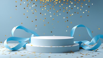 Celebration Podium Display: Light Blue Pedestal with Falling Gold Confetti and Blue Ribbons on a Soft Background