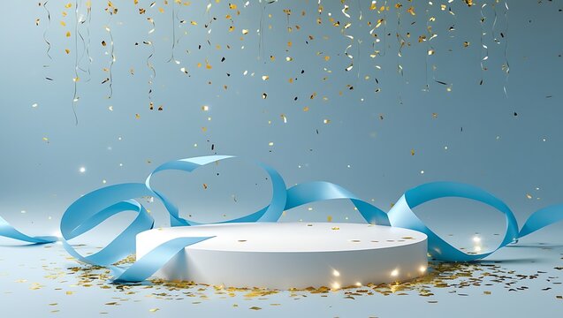 Celebration Podium Display: Light Blue Pedestal with Falling Gold Confetti and Blue Ribbons on a Soft Background - Powered by Adobe