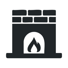 Black and white fireplace icon with brick detail and flame symbol