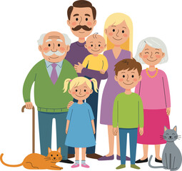 Extended happy family portrait with grandparents, parents, children, baby, and two pet cats, a multigenerational family group smiling together, cartoon style illustration.