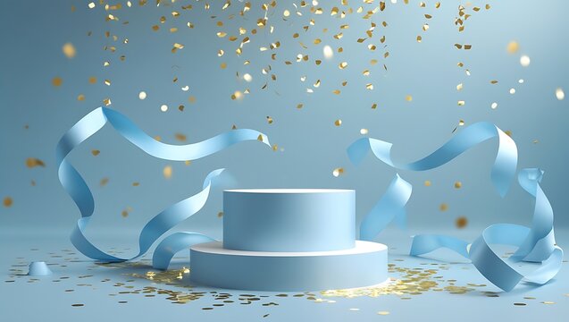 Celebration Podium Display: Light Blue Pedestal with Falling Gold Confetti and Blue Ribbons on a Soft Background