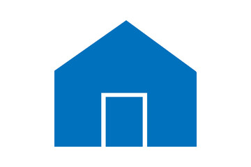 The image displays a solid blue house icon with a white doorway in the center. The design is simple and geometric, featuring a pointed roof and symmetrical structure.