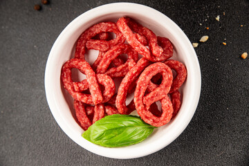 Salami snack mold brezel sausage mini fresh delicious gourmet food background on the table rustic food top view copy space