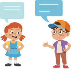 Happy young diverse kids cartoon characters engaged in a lively conversation, sharing thoughts and ideas, speech bubbles for text, social interaction and communication concept, white background.