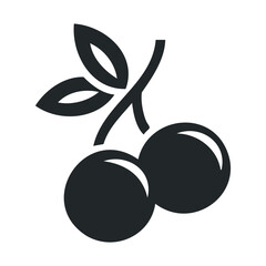 Minimalist black cherry icon with leaves on white background