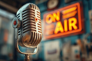 Close-up of a microphone in a studio with a vintage "ON AIR" sign glowing in orange neon light, featuring murals and a blurred background for a vibrant, dynamic feel.