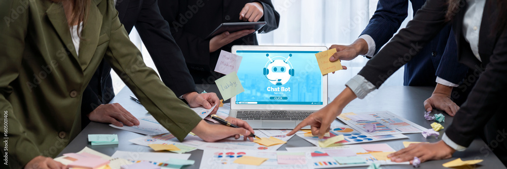 Poster analyst team use sticky note for creative and analytic brainstorm for business idea with bi data das
