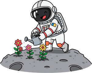 Astronaut watering flowers on a moon.