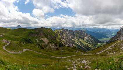 Fototapeta premium A breathtaking panoramic view from the Hofatsblick mid-station of the Nebelhornbahn cable car in Oberstdorf