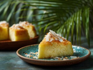 Thai style durian coconut cake ceramic plate tropical dessert photography appetizing close up
