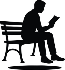 Silhouette man reading book sitting on bench vector illustration