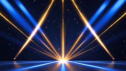 Dynamic Stage Lighting: Bright Blue and Golden Light Beams with Sparkling Particles on Dark Background